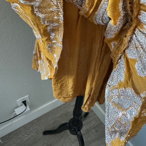 Anthropologie Maeve Flowy Mini Dress Tie Neck Long Cuffed Sleeve Gold Metallic L - Picture 12 of 16